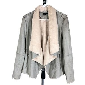 Fantazia Taupe Faux Suede & Cream Faux Fur Lined Cardigan Open Jacket Sz M
